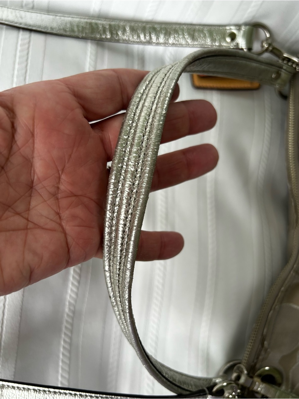 Coach Poppy Crossbody Shoulder Bag Gray Beige Sateen Silver Leather Buckles Pink - Picture 9 of 16